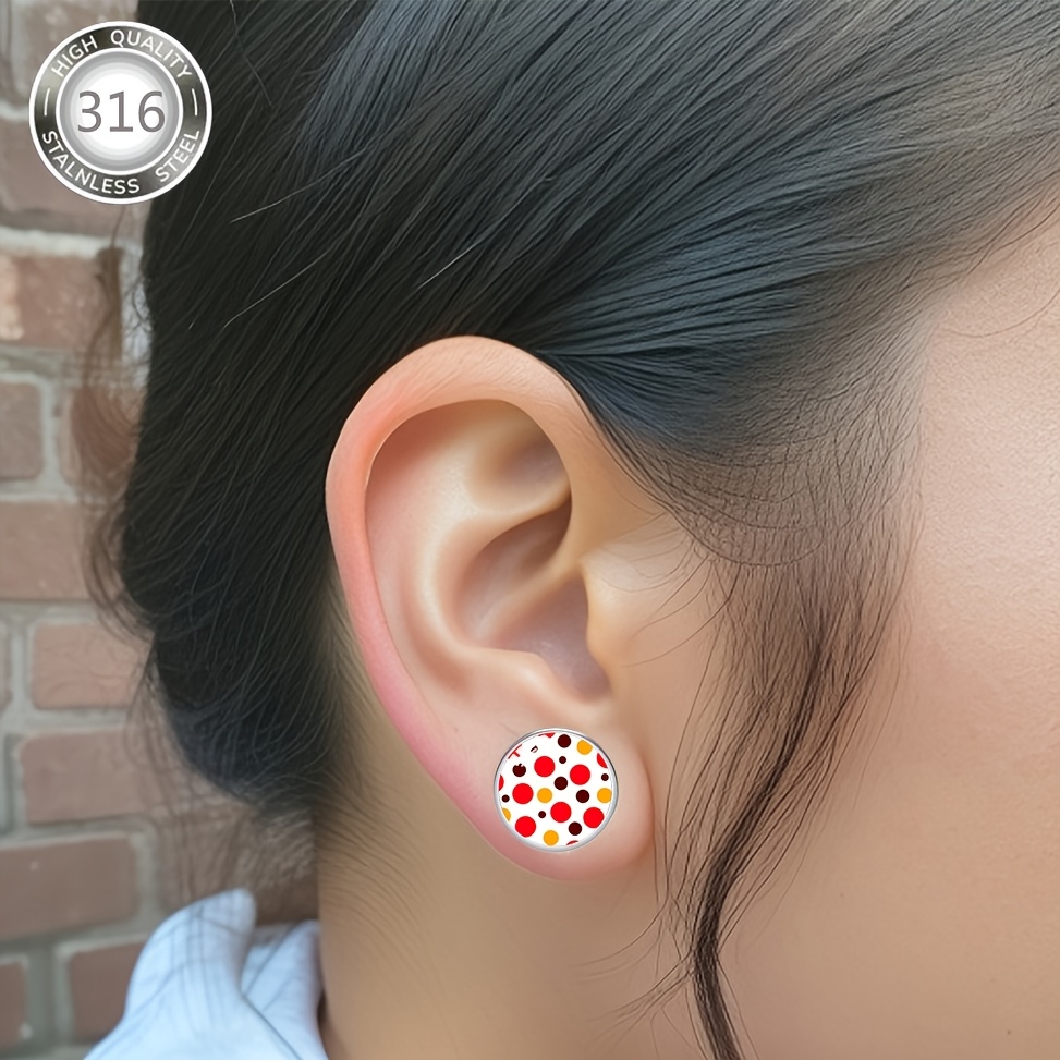 Red Polka Dot Pattern Design Earrings, Stainless Steel